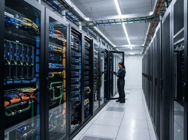Female IT engineer holding a tablet inspecting server racks with liquid cooling pipes in a data center.