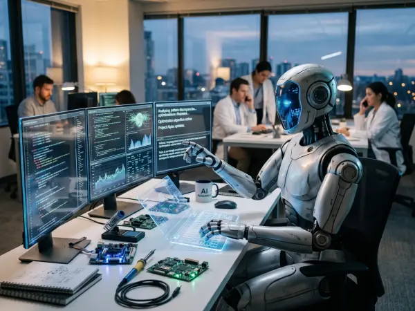 A metallic humanoid robot with glowing blue eyes sits at a white desk in a busy research laboratory. It is typing on a transparent holographic laptop and pointing at dual monitors displaying code. Circuit boards and tools are scattered on the desk. Human 