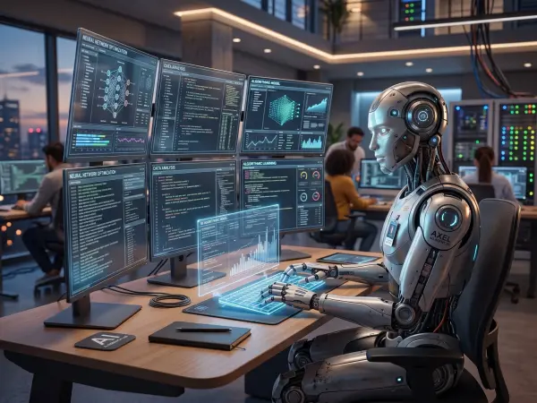 A highly detailed, metallic humanoid robot sitting in an office chair at a wooden desk. It is typing on a glowing holographic keyboard while looking at a massive six-monitor setup displaying complex data, neural networks, and algorithms. Human workers are
