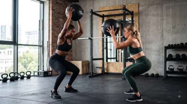 Two athletic women doing deep squats and lifting 10kg medicine balls in an industrial gym.