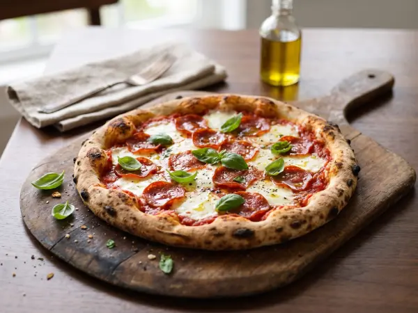 A close-up shot of an authentic wood-fired Neapolitan pizza loaded with pepperoni, melted mozzarella, and fresh basil leaves, resting on a weathered wooden pizza peel on a dining table.