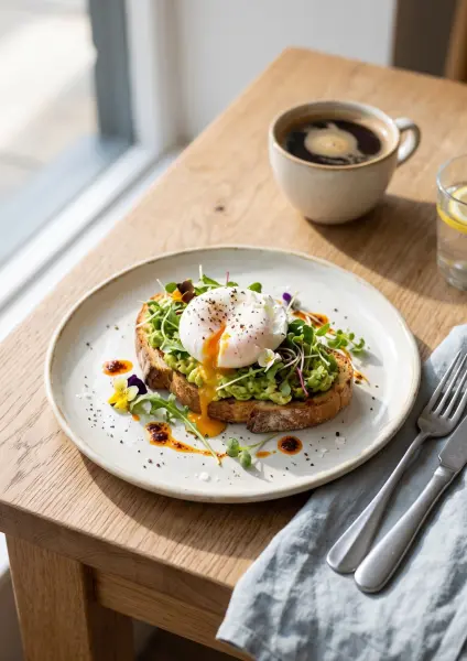 A rustic plate holding a slice of toasted bread covered in mashed avocado, topped with a poached egg broken open to reveal a runny yolk, garnished with microgreens and edible flowers, sitting next to a cup of coffee.