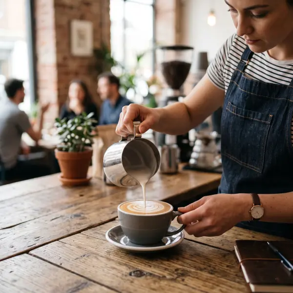 Close-up of a barista in a denim apron pouring steamed milk from a stainless steel pitcher into a grey mug, creating a latte art pattern on a wooden table.