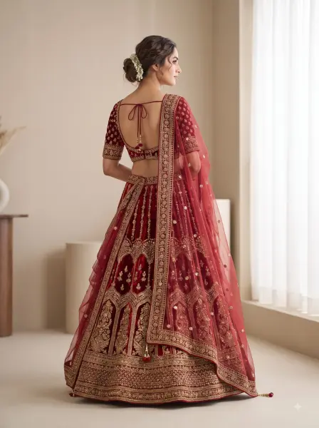 Indian bride showing backless red lehenga with gold embroidery in a neutral luxury indoor studio.