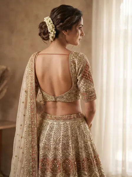 Indian bride showing backless gold and cream lehenga with floral hair bun near a bright indoor window.