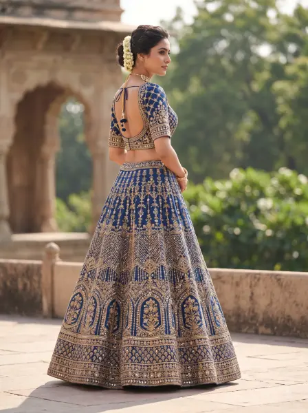 Indian bride in blue embroidered backless lehenga standing outdoors with ancient stone architecture behind.