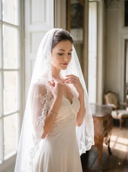 Western bride in white dress and lace veil adjusting pearl necklace by a large sunny indoor window.