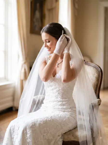 Smiling western bride in lace dress and white gloves adjusting her hair veil while sitting on a chair.