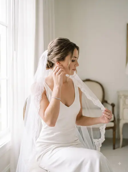 Western bride in simple white dress and sheer lace veil adjusting her earring sitting near bright window.
