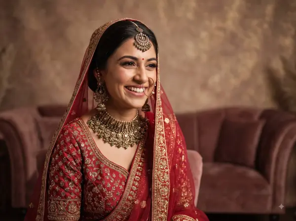 Close up of smiling Indian bride in red lehenga and heavy gold jewelry sitting on velvet sofa indoors.
