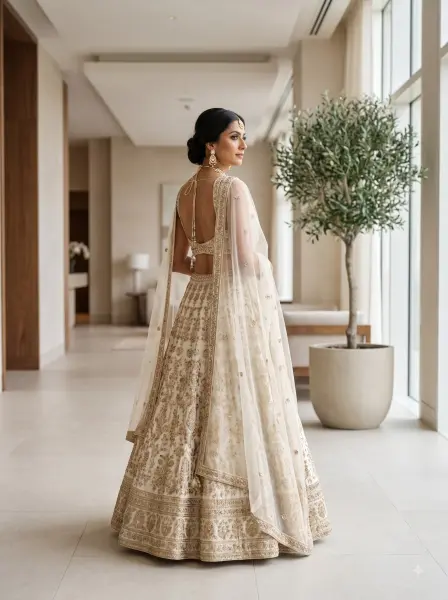 Indian bride in white and gold lehenga looking aside while standing in a modern luxury indoor hallway.
