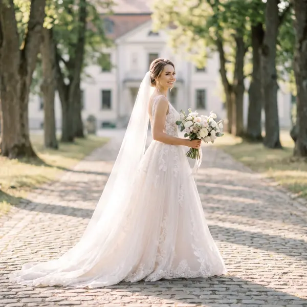 Happy western bride holding floral bouquet walking along cobblestone path with classic mansion behind.
