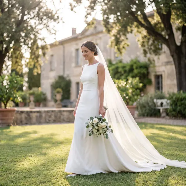Smiling western bride wearing a minimalist white dress and long veil walking on grass holding a bouquet near an estate.
