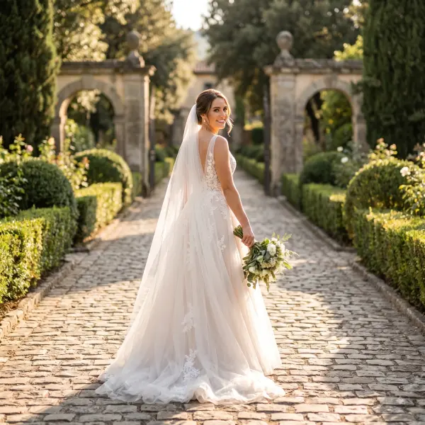 Smiling bride in white lace dress and veil looking over her shoulder walking on a cobblestone garden path.