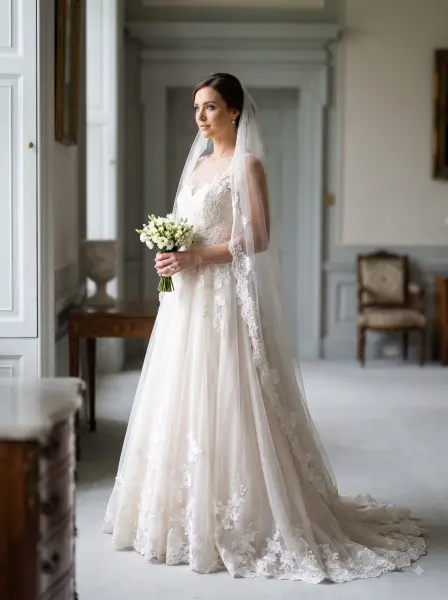 Elegant bride in luxury white lace gown and long veil holding bouquet standing by a window in a classic room.