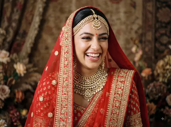 Close up of a joyful Indian bride laughing with her eyes closed, wearing a red lehenga and heavy gold jewelry.
