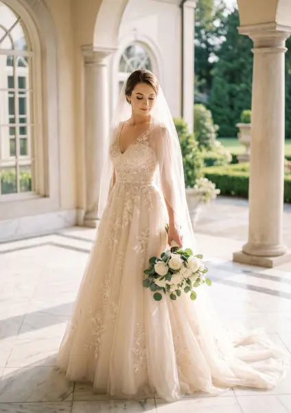 A beautiful bride looking down with a gentle smile, wearing a lace wedding gown and a long sheer veil, holding a bouquet of white roses and green leaves on a marble patio outside an elegant building.