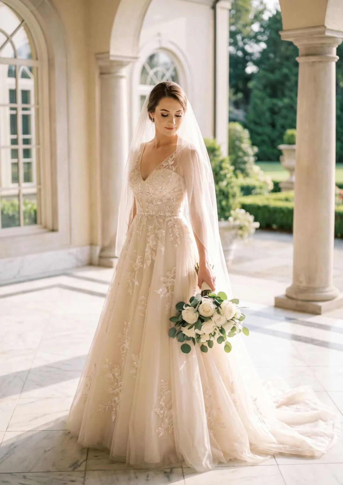 A beautiful bride looking down with a gentle smile, wearing a lace wedding gown and a long sheer veil, holding a bouquet of white roses and green leaves on a marble patio.