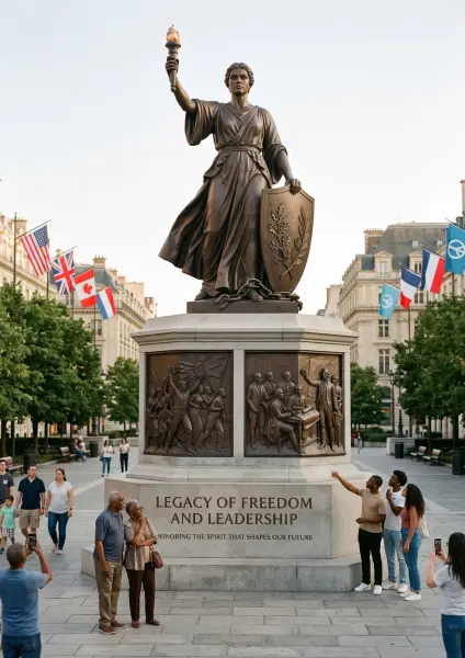 A large bronze statue of a woman holding a torch and a shield, with tourists taking photos below it. The base reads 'LEGACY OF FREEDOM AND LEADERSHIP'.