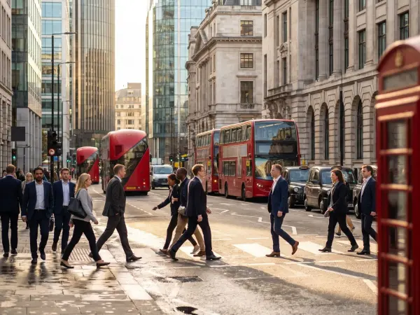 A bustling street scene in the City of London. A diverse crowd of men and women in professional business suits are walking across a pedestrian crosswalk bathed in low, dramatic sunlight. Several iconic red double-decker buses and black taxi cabs are stopp