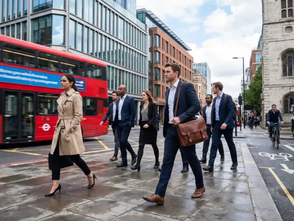 A busy street scene in London showing a group of diverse business professionals, men and women in suits, walking purposefully across a wet pavement. The man in front carries a leather briefcase. A vibrant red double-decker bus is blurred in motion in the 