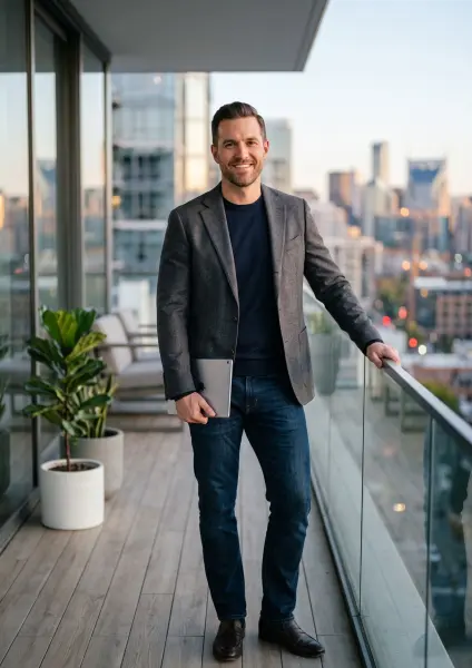 A portrait of a confident, smiling man wearing a grey blazer over a navy sweater and jeans. He is holding a silver tablet and leaning casually against the glass railing of a high-rise balcony. A blurred city skyline is visible in the background under a co