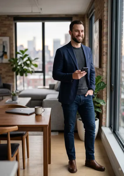 A full-length portrait of a smiling, bearded man wearing a navy blazer, grey sweater, and jeans. He is standing in a stylish modern loft apartment, holding a smartphone and looking out a large floor-to-ceiling window at the city skyline. A laptop sits on 