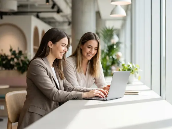 Two cheerful female professionals sitting side-by-side at a desk near a large window in a bright office, smiling and looking together at a laptop screen.