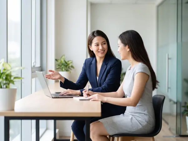 Two smiling female professionals, one in a navy suit and the other in a light grey dress, sitting across from each other at a desk near a window, having a business discussion with a laptop.