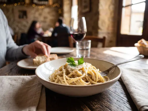 A close-up shot of a shallow ceramic bowl filled with thick spaghetti pasta, generously coated in a creamy cheese and black pepper sauce (Cacio e Pepe). It is garnished with a sprig of fresh parsley. A fork rests in the bowl on a rustic wooden table in a 