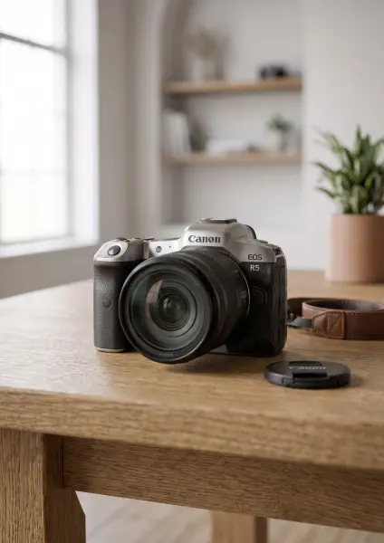 A close-up shot of a two-toned silver and black Canon EOS R5 mirrorless digital camera with a large lens. The camera sits on a light wooden table, with its black lens cap resting beside it. The background features a bright, softly blurred room with decora
