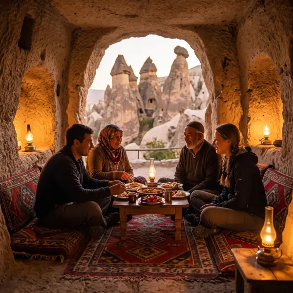 A group of four people, including tourists and local Turkish elders, sit cross-legged on colorful carpets and cushions, sharing a traditional meal around a low wooden table. They are inside a carved stone cave house, with an arched opening showing the fam