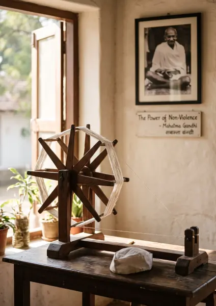 A traditional wooden charkha spinning wheel sits on a wooden desk next to a white Gandhi cap. On the wall behind is a framed portrait of Mahatma Gandhi and a plaque about non-violence.
