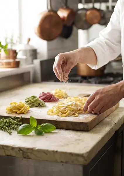 A close-up view of a chef's hands working in a bright kitchen. One hand is gently tossing a pile of fresh, pale yellow fettuccine, while the other hand sprinkles a fine dusting of white flour over it. Several colorful pasta nests (green, red, and yel
