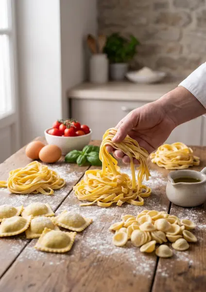 A close-up shot showing a chef's hand lifting a bunch of fresh, handmade fettuccine noodles from a rustic wooden table dusted with flour. Surrounding the pasta are other fresh shapes like ravioli and orecchiette, along with eggs, cherry tomatoes, fre