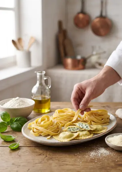 A close-up of a chef's hand carefully placing a strand of fresh fettuccine onto a speckled ceramic plate. The plate holds several nests of yellow fettuccine and some square ravioli, one of which is cut in half to reveal a green spinach and white rico