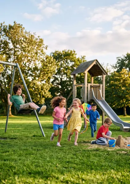 A vibrant scene of diverse children playing at a sunny park playground; two girls run holding hands, a boy swings, another runs with a kite, and one builds a sandcastle.