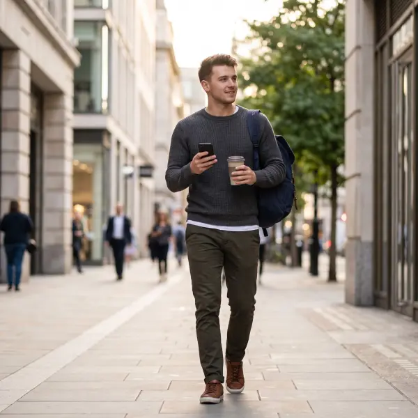 A handsome man walking down a city street wearing a sweater and backpack, holding a phone in one hand and a coffee cup in the other.