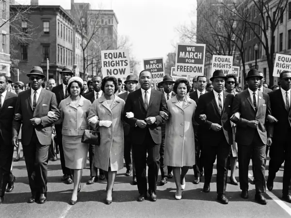 A historic black and white photograph of a large civil rights protest march. In the front row, Dr. Martin Luther King Jr. walks with his arms linked with other prominent Black men and women leaders. They are surrounded by a crowd holding signs reading  