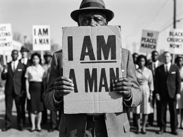 A striking, historic black and white photograph. In the center, an older Black man wearing a hat and suit holds a large, handmade cardboard sign reading 'I AM A MAN' directly in front of his face. He is part of a larger crowd of civil rights pro