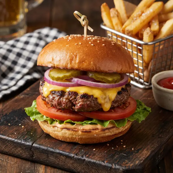 A close-up shot of a classic American cheeseburger with a thick beef patty, melted cheese, red onion, pickles, tomato, and lettuce on a toasted bun. It is placed on a dark, rustic wooden board next to a basket of fries and a small bowl of ketchup.