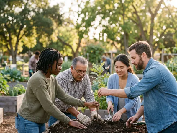 Four diverse people of varying ages, including a young Black woman, an older Hispanic man, a young Asian woman, and a white man, are gathered around a raised wooden garden bed. They are smiling and working together, using their hands and a trowel to plant