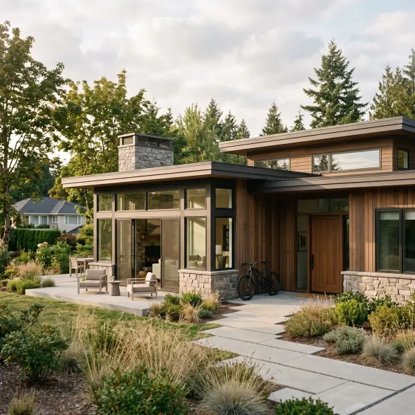 A modern architectural home featuring vertical wood siding, a stone chimney, large black-framed windows, and a concrete patio with lounge chairs and a bicycle in the front yard.