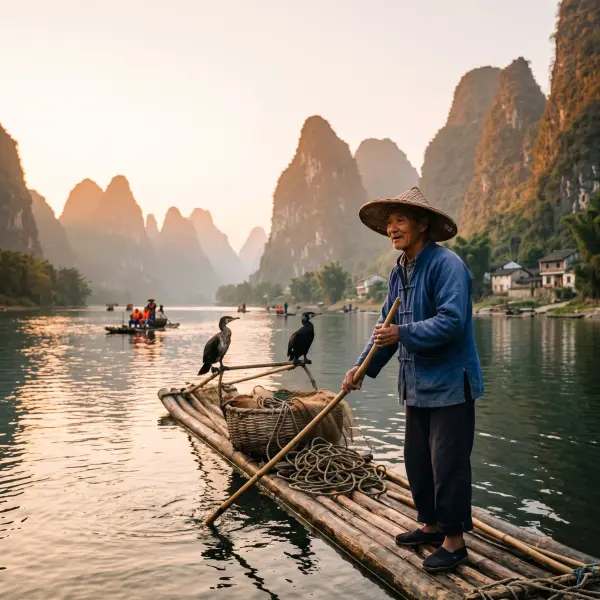 An elderly Chinese fisherman wearing a traditional blue shirt and conical bamboo hat stands on a bamboo raft holding a long pole. Two cormorant birds perch on the raft. The scenic Li River and towering karst mountains of Guilin are in the background durin