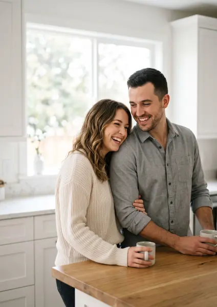 A smiling young woman leaning affectionately on the shoulder of her laughing male partner, both holding ceramic coffee mugs in a bright, modern white kitchen with wood countertops.