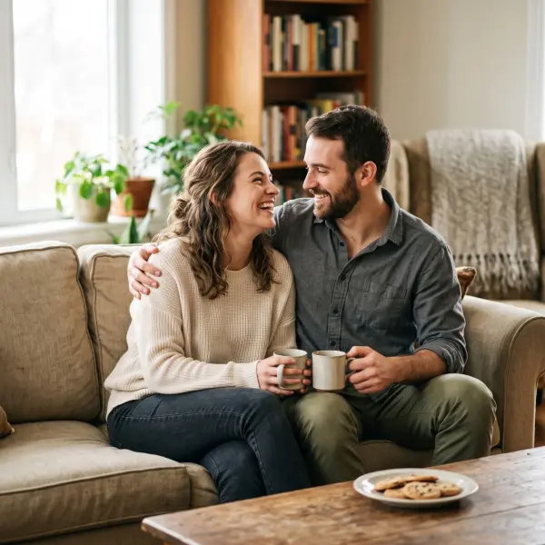A smiling man and woman looking at each other affectionately while holding ceramic coffee mugs on a beige couch in a well-lit living room.