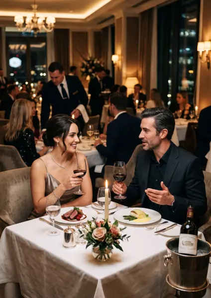An elegantly dressed man and woman sitting at a white-tablecloth table in a busy, upscale restaurant, holding glasses of red wine and smiling as they engage in a lively conversation over their gourmet meals.