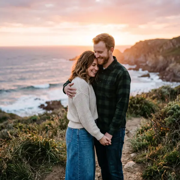 A smiling young man and woman embracing affectionately while standing on a grassy path along a rugged coastal cliff. Behind them, the ocean waves crash against the rocks under a colorful, golden sunset sky.