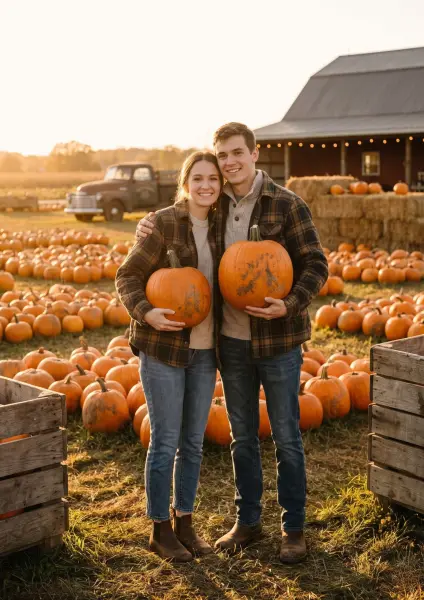 A joyful young man and woman stand close together in a sprawling pumpkin patch, each holding a large orange pumpkin. They are wearing cozy fall clothing, including flannel and knit sweaters. In the background, a vintage truck and a rustic barn are visible