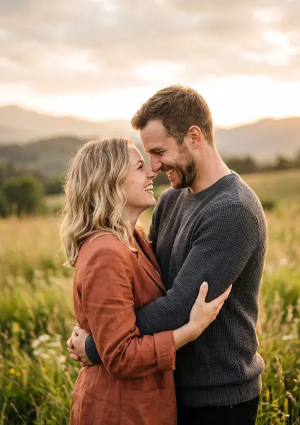A beautiful, happy young couple stands close together, embracing in a field of tall green grass. They are looking into each other's eyes and smiling warmly, their faces close together. The background shows soft, rolling hills bathed in the warm, gold